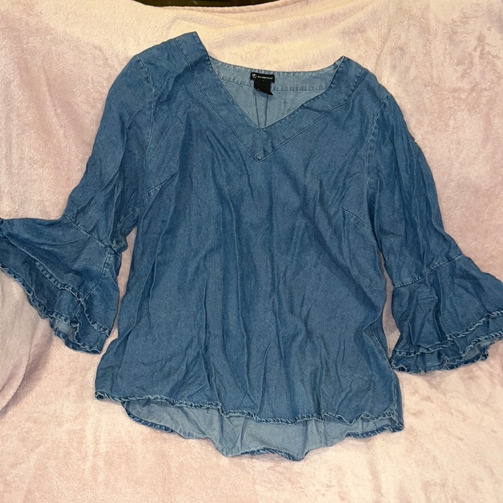 Blue Denim Blouse with Ruffled Sleeves-L
